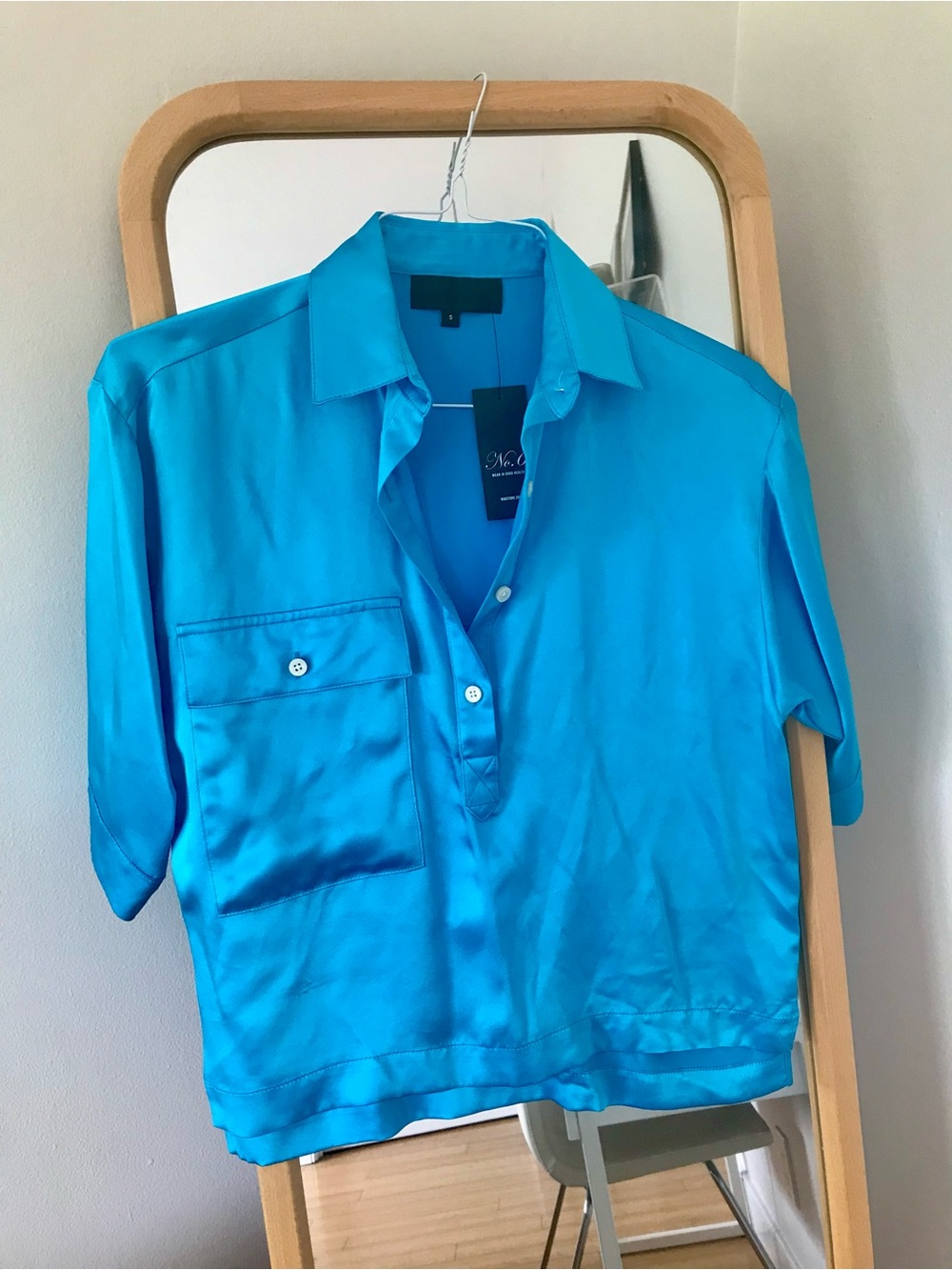 No.6 Store Turquoise Satin Short Sleeve Button Shirt